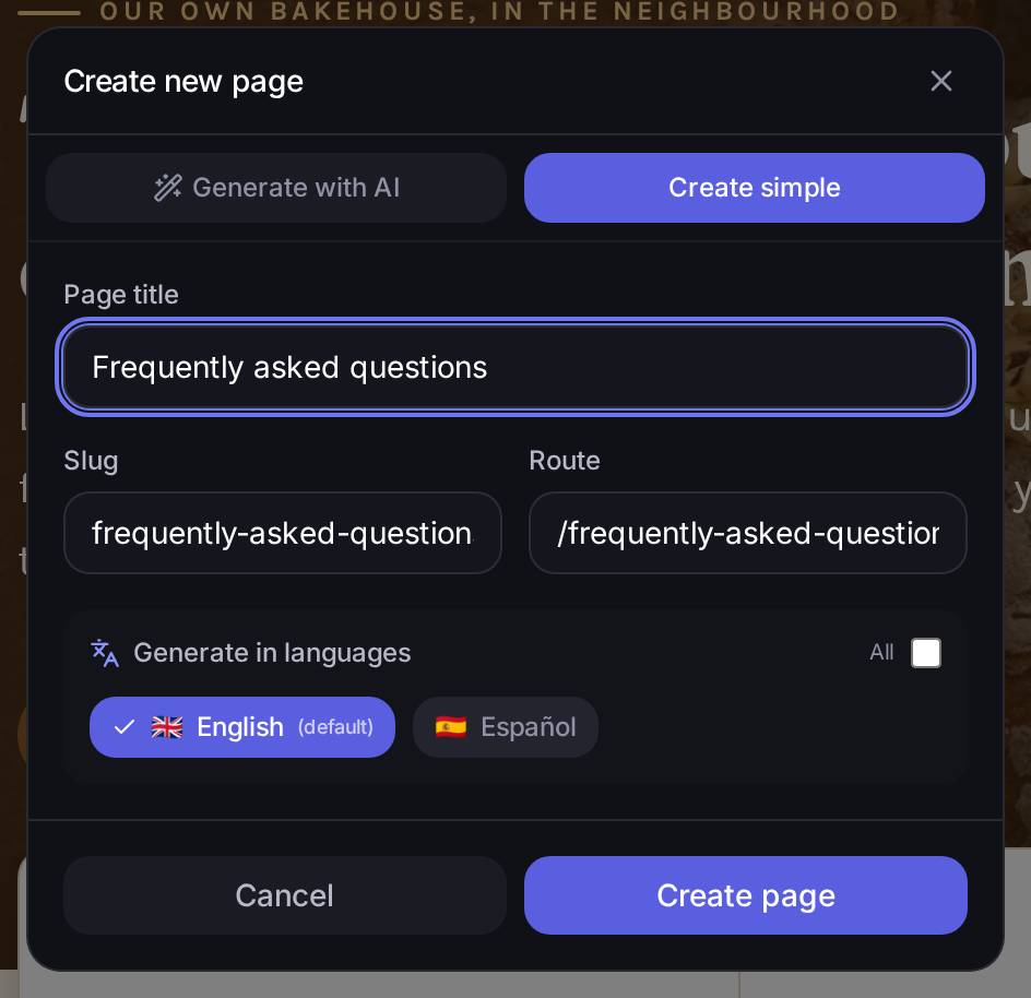 The form half filled in, in Create simple mode: the title "Frequently asked questions" has been typed, the address filled itself in (`frequently-asked-questions` / `/frequently-asked-questions`) and the **Create page** button is already active.
