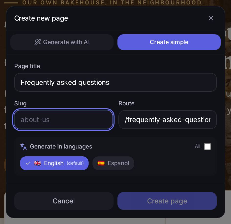 If you clear the address by hand, **Create page** switches off: a page can't be created without telling it what address it lives at.