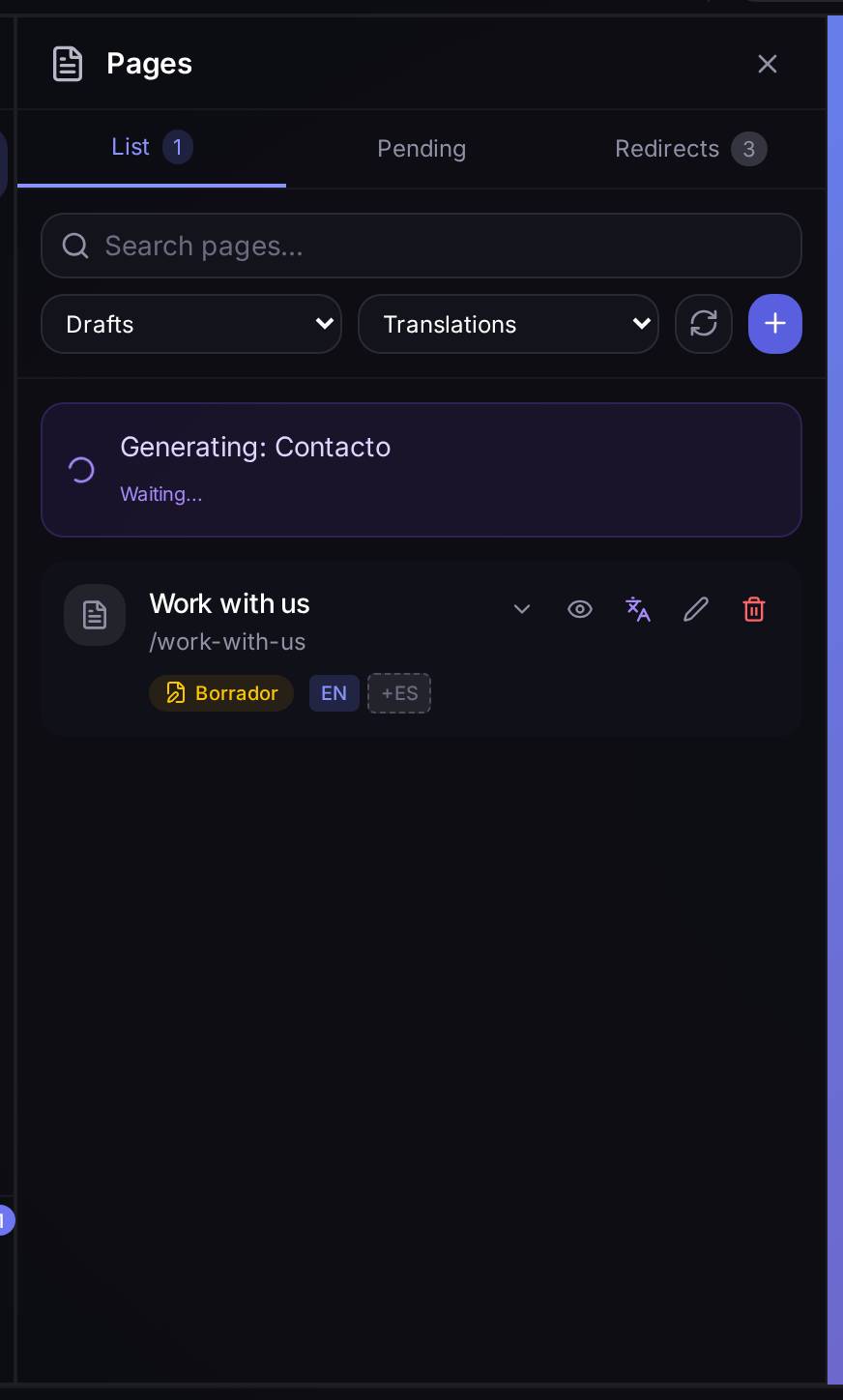 The list filtered down to drafts only: here, "Frequently asked questions" and "Work with us", neither of them published yet.