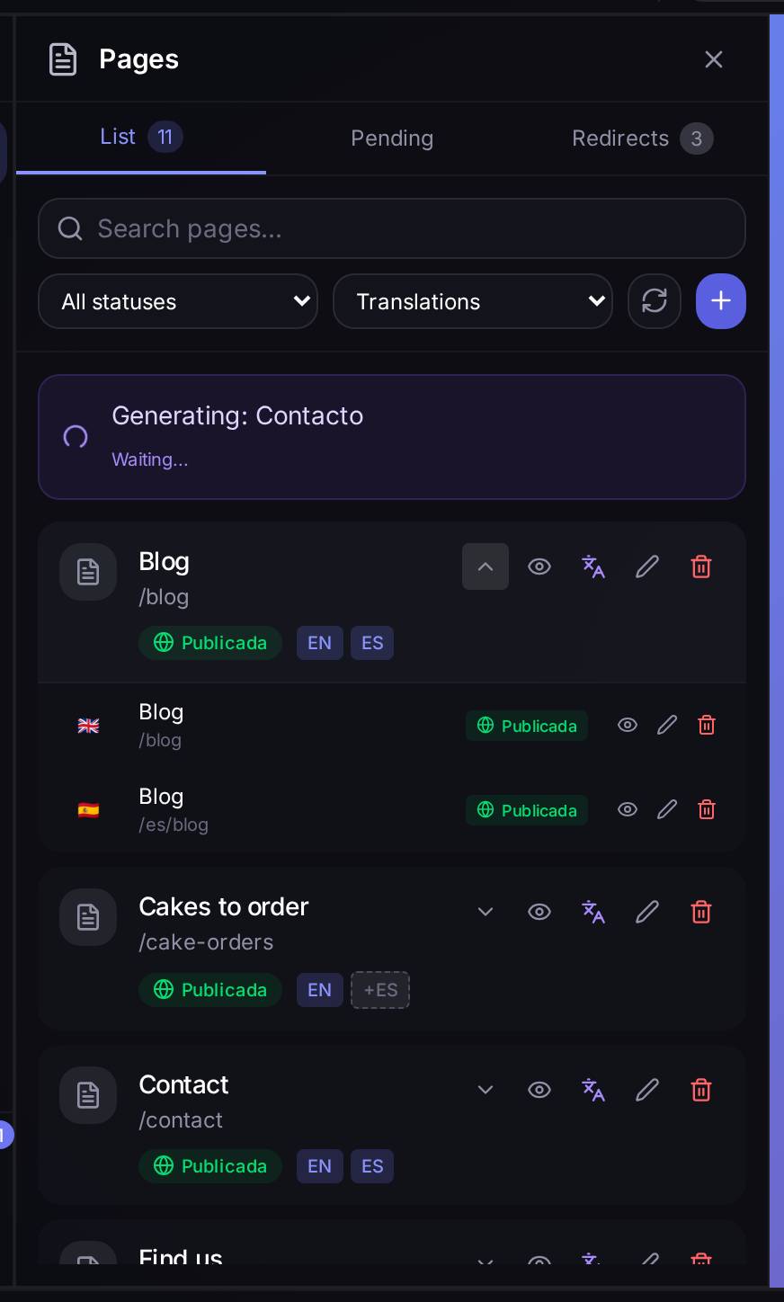 The "Blog" page unfolded, showing its two versions: the English one (`/blog`) and the Spanish one (`/es/blog`), each with its own view, edit and delete buttons.