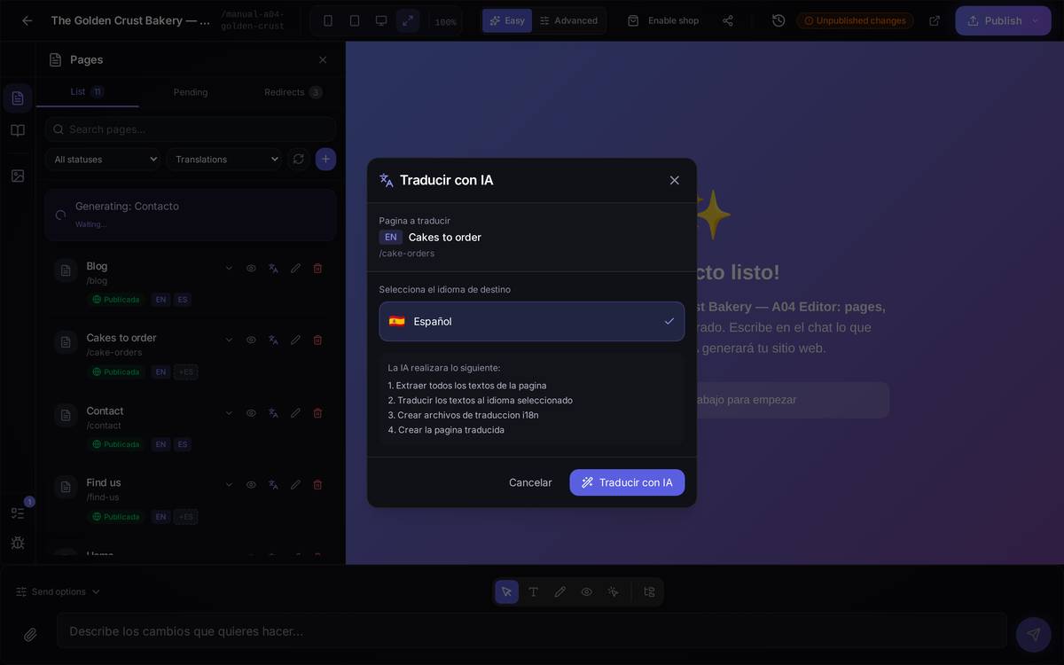 The translate-with-AI dialog on "Find us": you pick the target language and it walks you through exactly what it's going to do — pull out the texts, translate them, create the language files and the translated page.