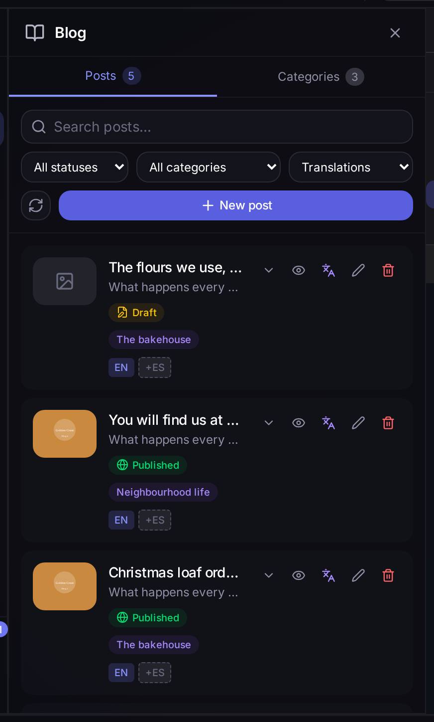 The post list of an example blog: the first one is a Draft (with its category, "The bakehouse", and its languages), the other two are already Published.