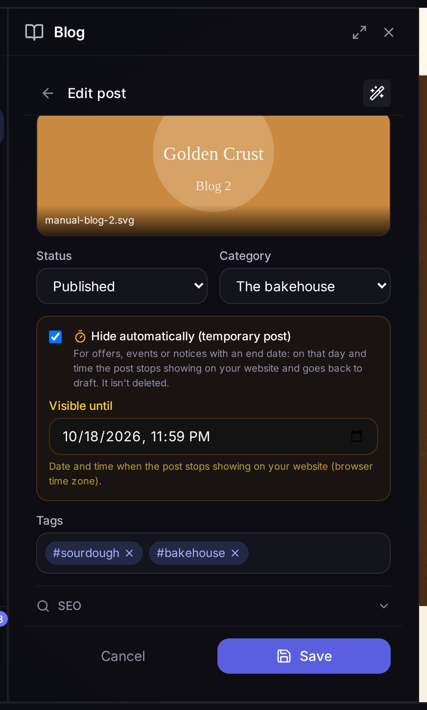 A temporary post in the editor: published, with "Hide automatically" ticked and the date in "Visible until".