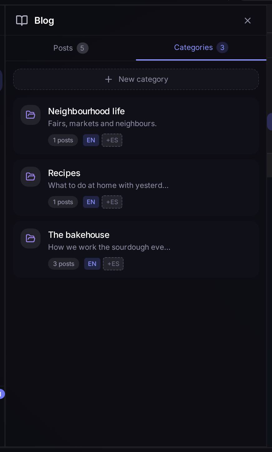 Three example categories ("The bakehouse", "Recipes", "Neighbourhood life"), each with its description, how many posts it holds and which languages it exists in.