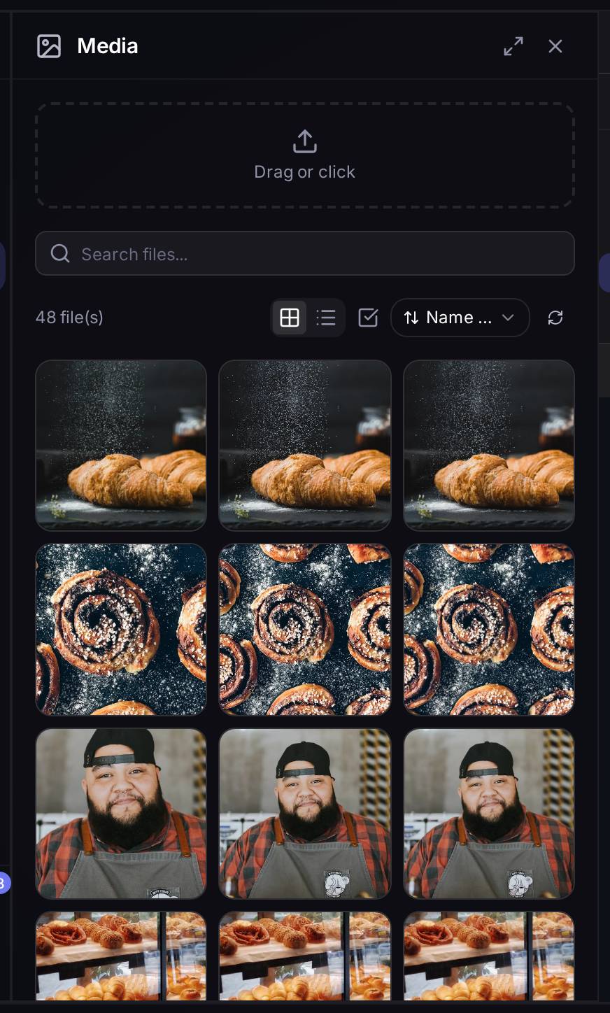 The project's media library: nine images already uploaded, with a search box, a view switch (grid or list) and sorting by name.