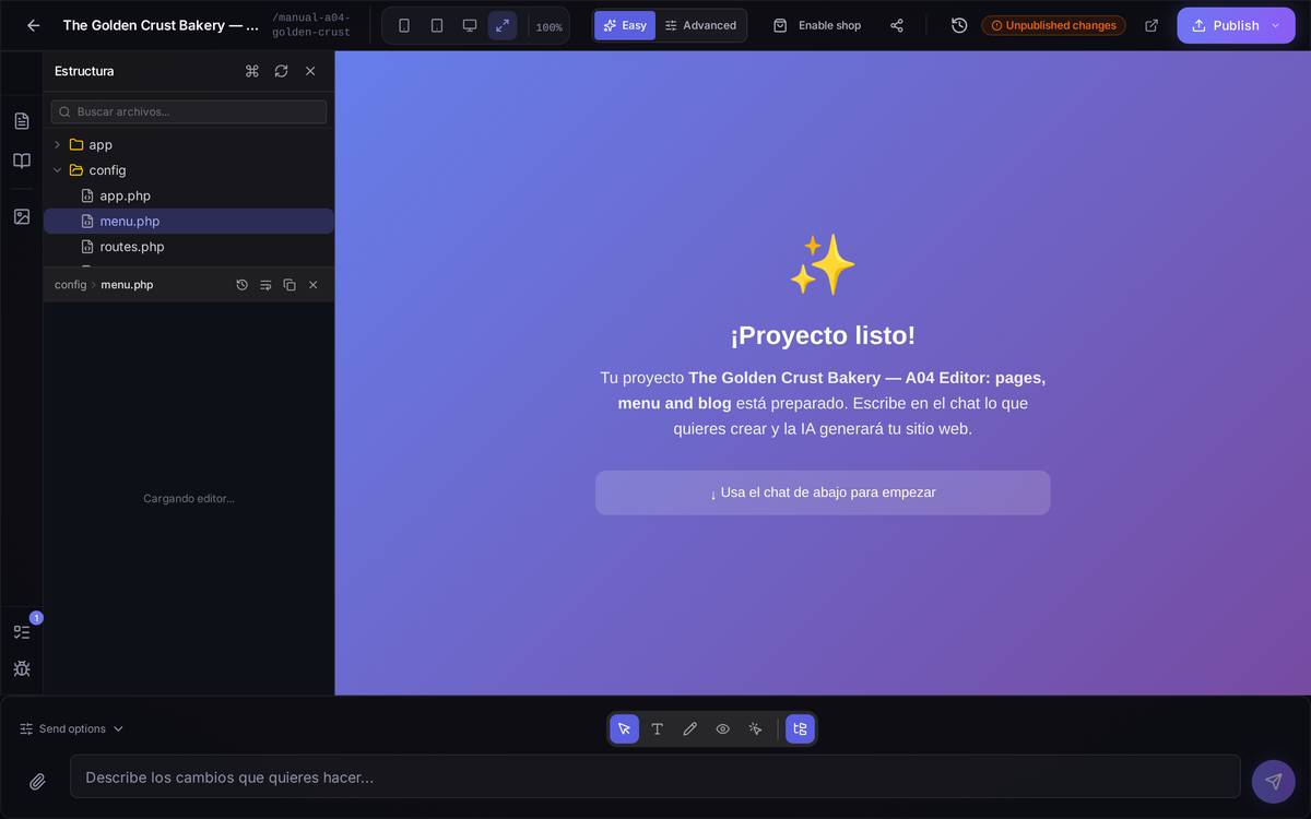 The editor's chat box with a request typed but not yet sent: 'Add "Frequently asked questions" to the navigation menu, between "Blog" and "Contact", linking to /frequently-asked-questions'.