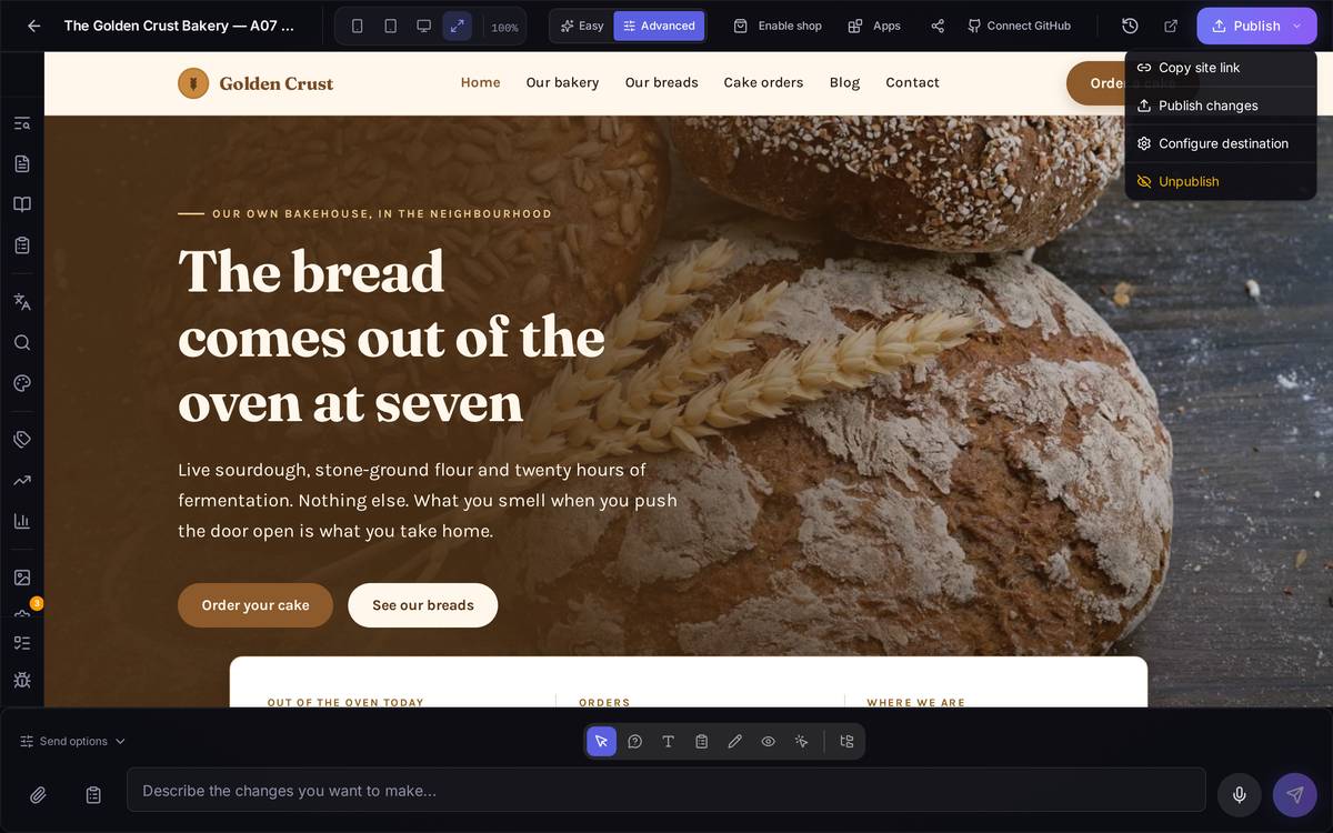 The editor with the Publish button's menu open: copy the site link, publish changes, configure the destination and unpublish. When the draft is ahead of what is live, the orange "Unpublished changes" notice also appears to the left of the button.
