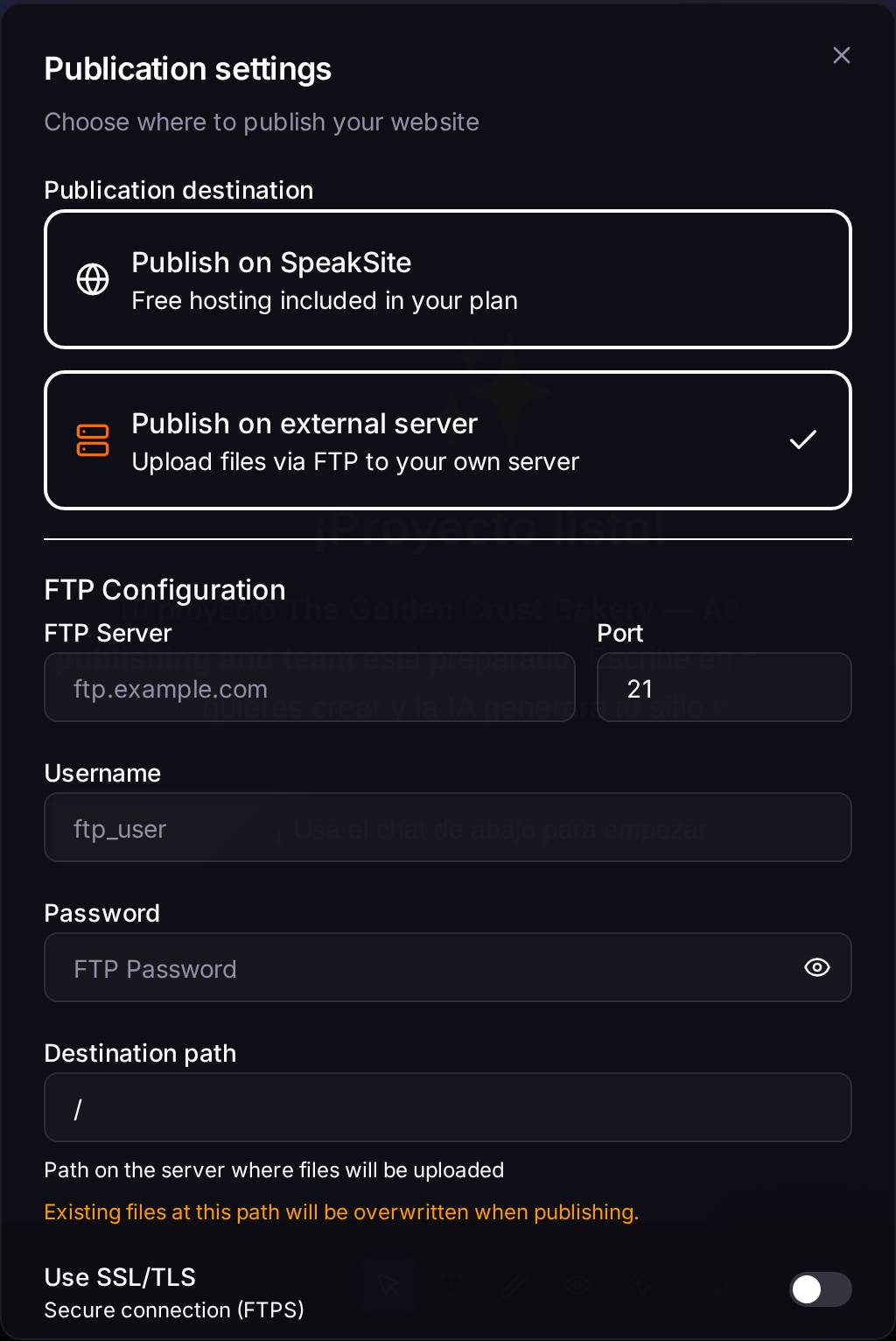The two possible destinations. Choosing "Publish on external server" unfolds the server details: FTP server, username, password and destination path.