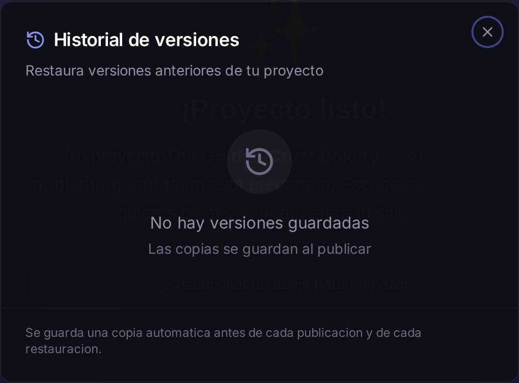The history keeps one copy per publish, with the date, the time and how many files it held. The blue arrow restores that version; the red bin deletes it from the history.