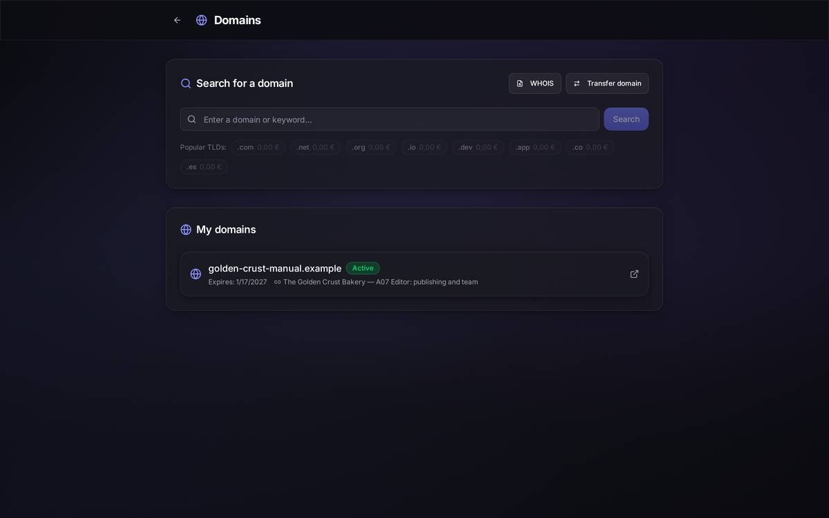 The domain search with prices for the most common extensions and, below it, the list of your domains with their status and their expiry date.