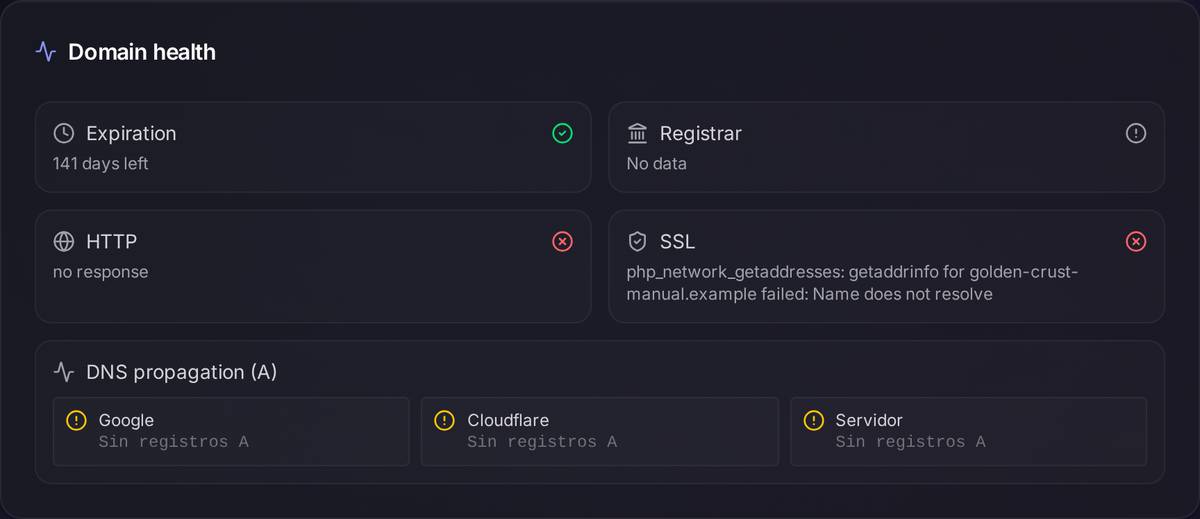 Green is correct, red means something is not answering and amber means "it has not arrived yet". This example uses a test domain that does not really exist, which is why HTTP and SSL come up red.