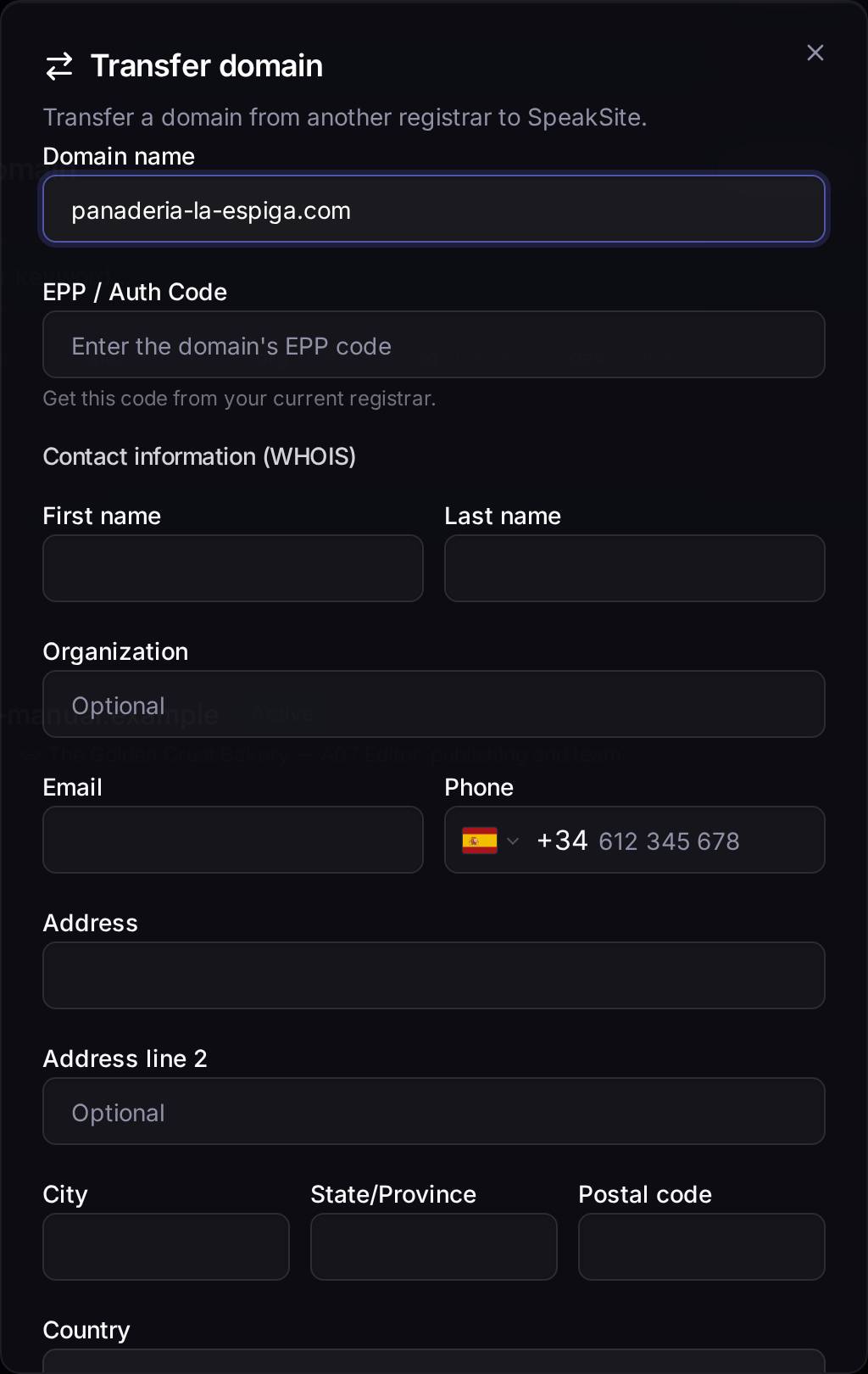 You type in the full domain (extension included) and the authorization code your current provider gives you.