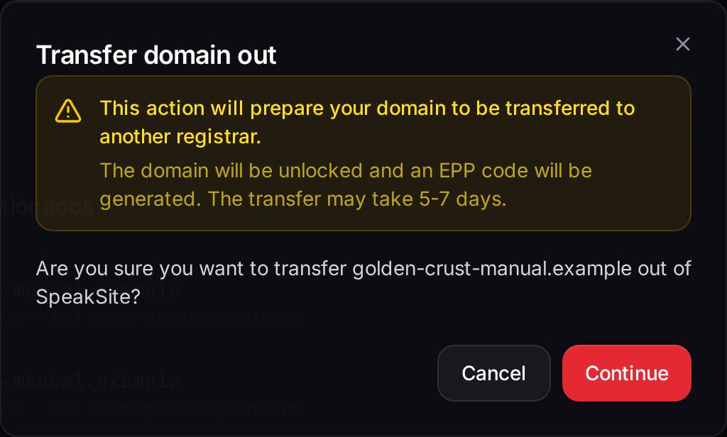 The warning before you start. Continuing takes the padlock off your domain and generates the code you will have to give the new provider.