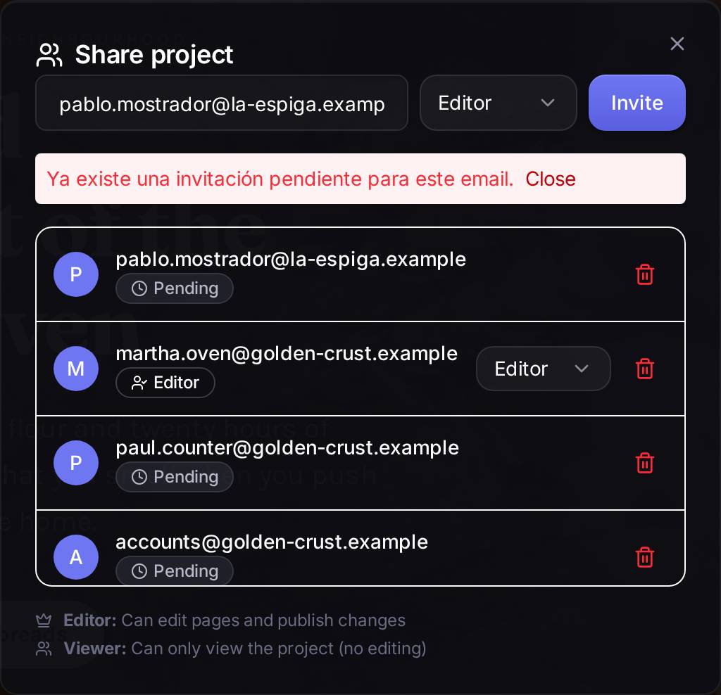 If that person already has a pending invitation, Speaksite does not send another one and tells you so in red. It is not a fault: they are already invited and have not accepted yet.