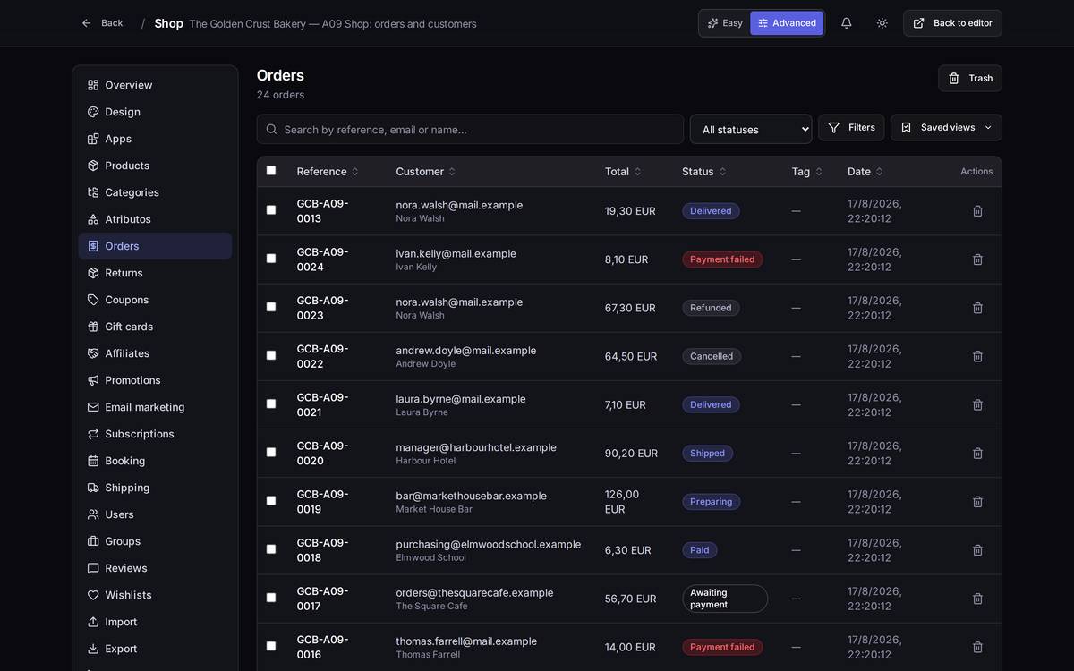 The order list, with the status filter open at the top and one row per order.