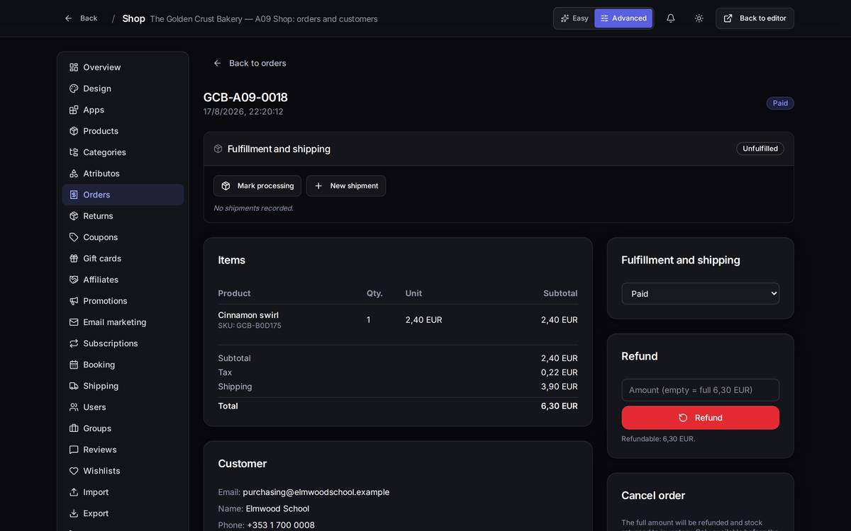 A paid order: items and totals on the left, and the column of actions on the right.
