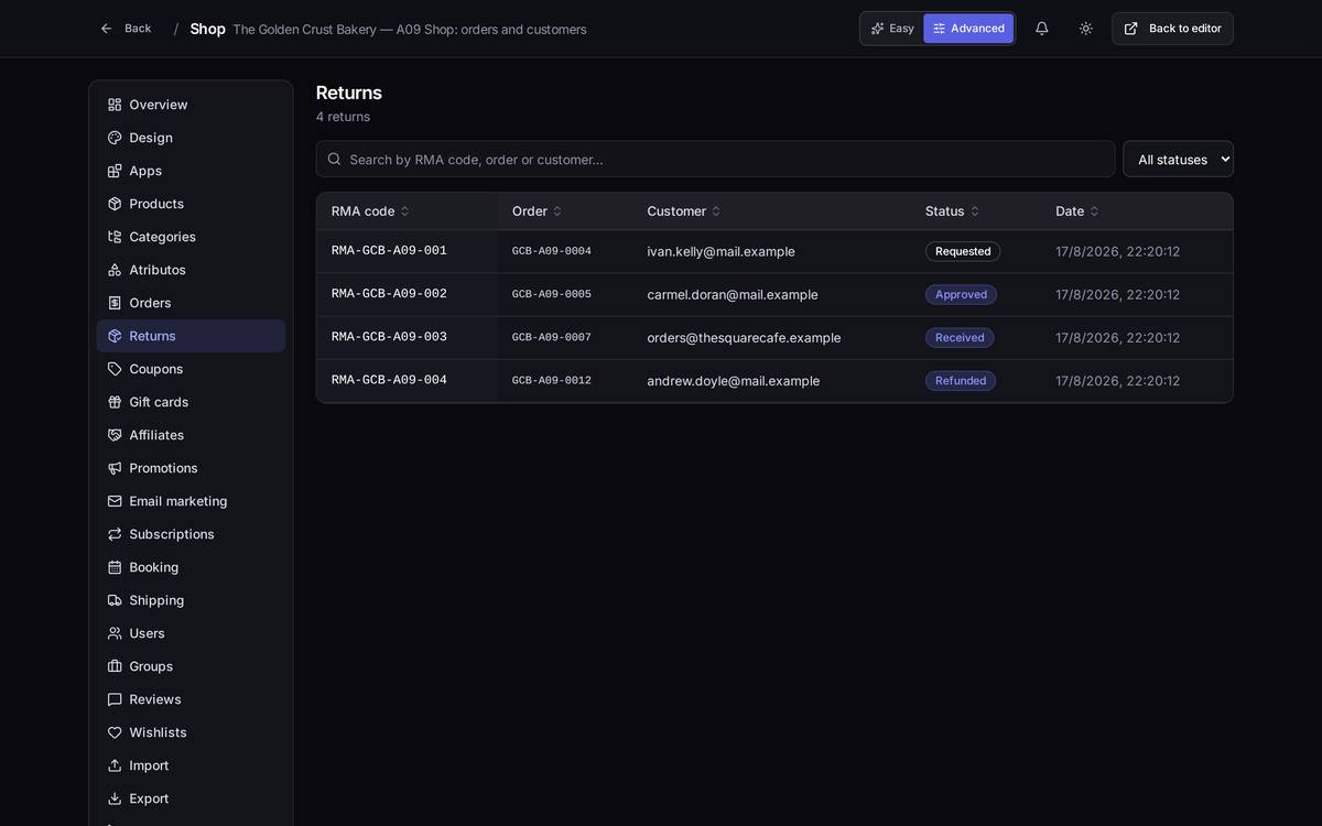 The returns list, with the RMA code, the original order, the customer and the status.