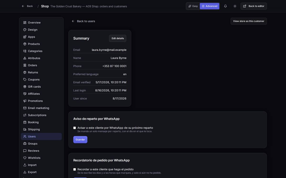 A full customer record: details, WhatsApp notifications, company data, addresses, subscriptions and their order history.