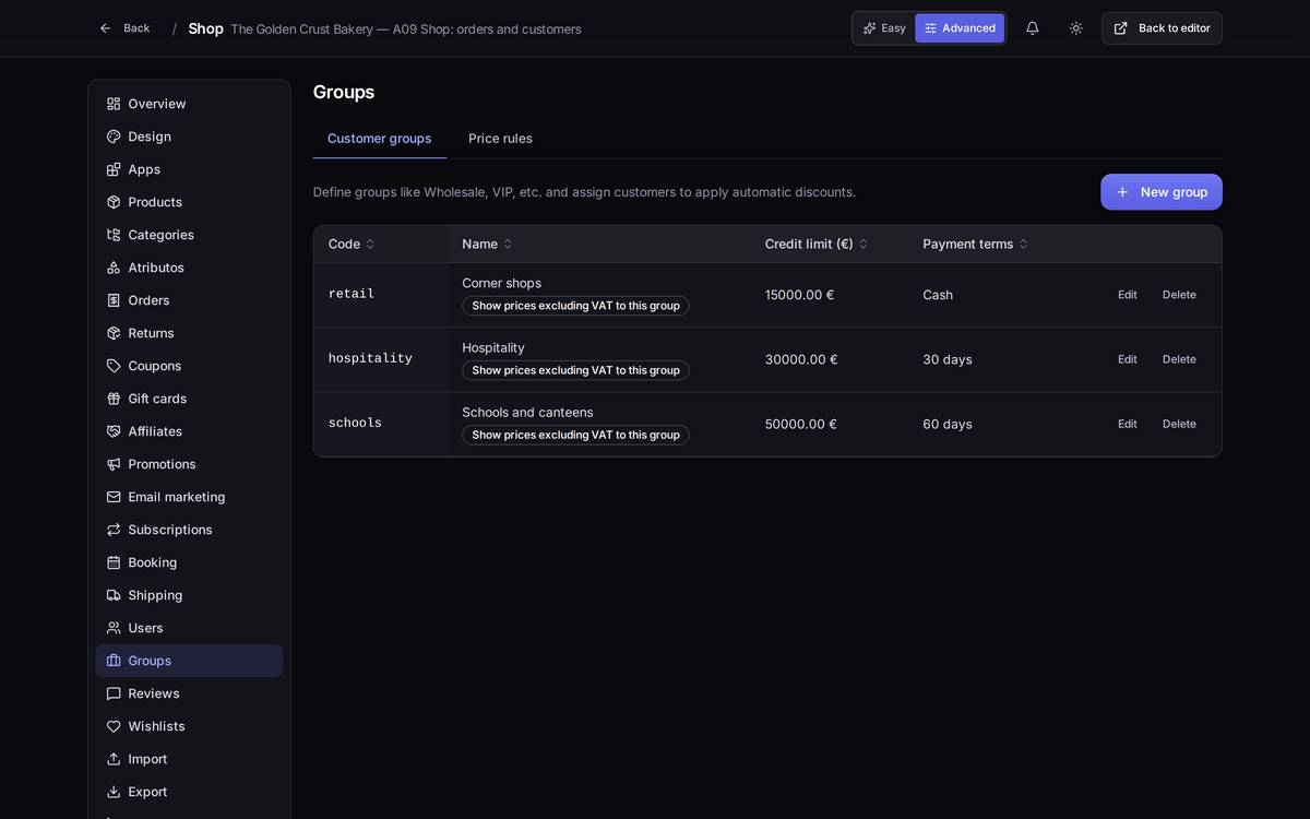The "Customer groups" tab: each group with its code, its credit limit and its payment terms.