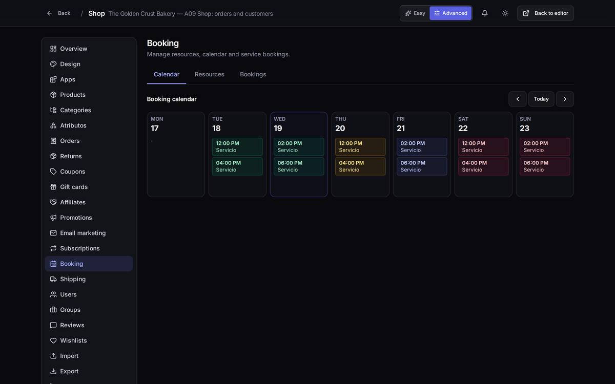 The "Calendar" tab: the week with its appointments, with the previous week, today and next week buttons.
