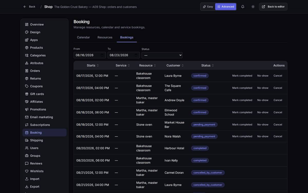 The "Bookings" tab: the list of appointments with date, resource, customer, status and the actions available on each.