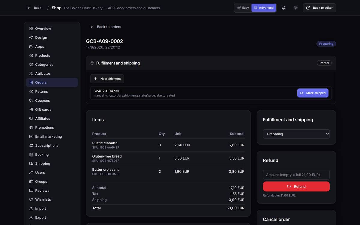 The shipment now appears on the order, with carrier and tracking number.