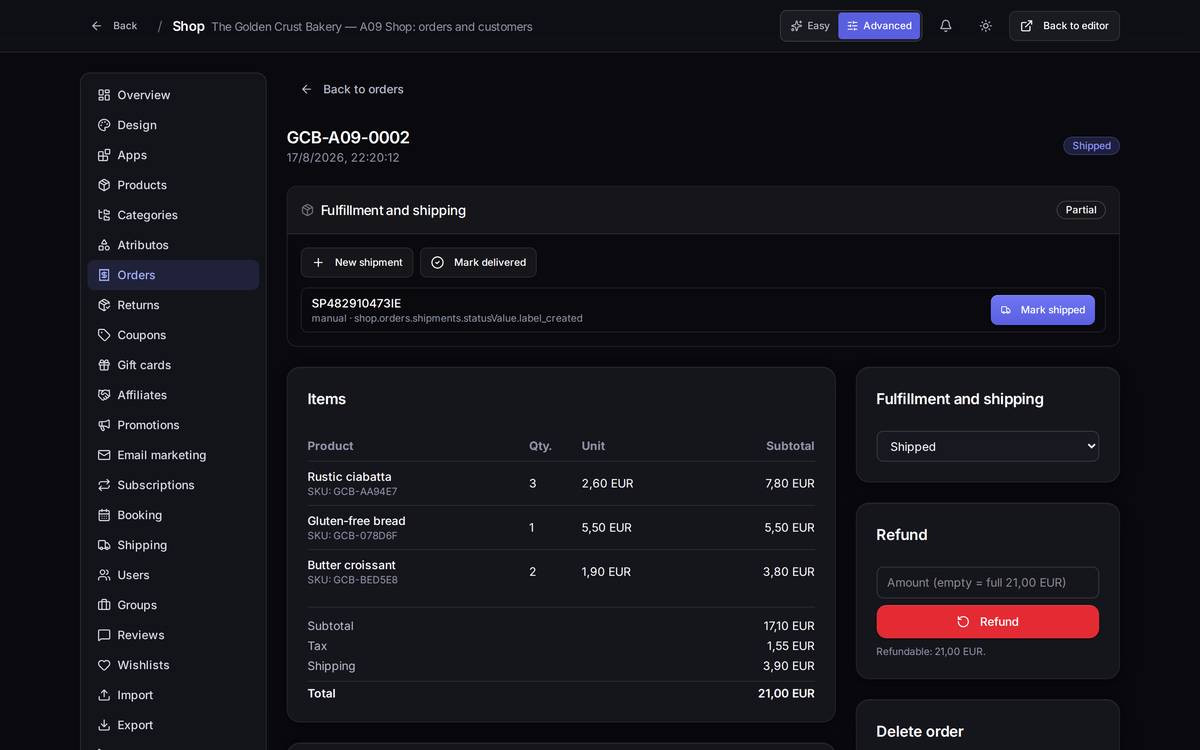 The order now marked as "Shipped"; the dropdown on the right shows the new status.