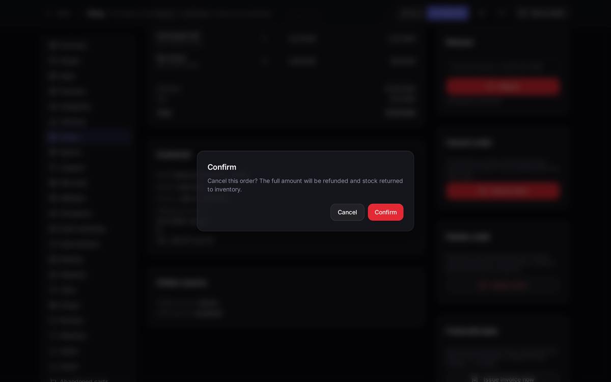 The confirmation prompt before cancelling an order: nothing is cancelled until you confirm.
