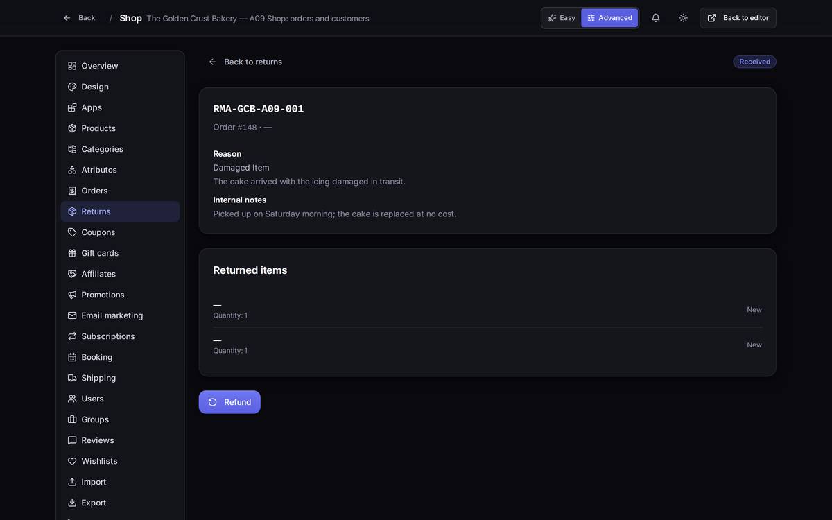 The return has been received; the refund button now appears.