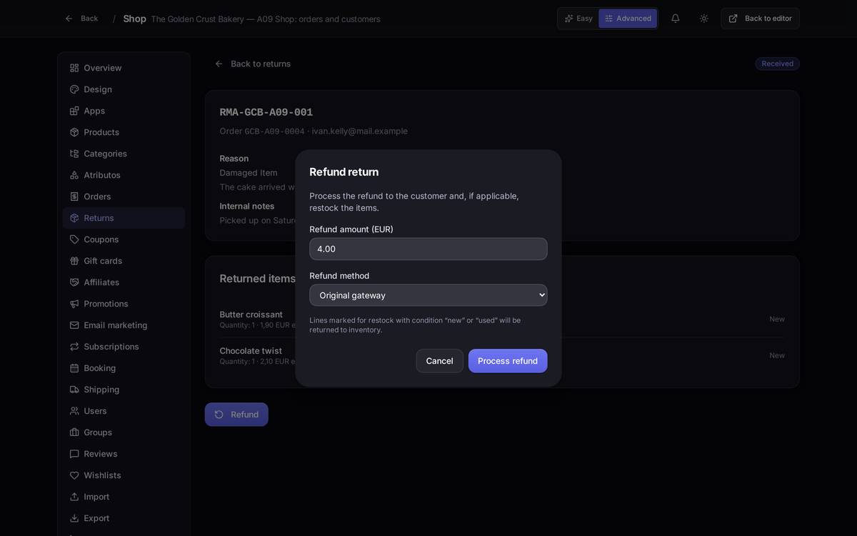 The refund window, with the suggested amount and the refund method.