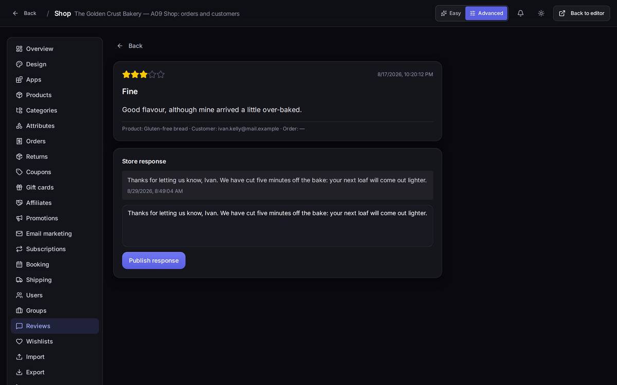 The published review, with the store response saved above the text box.