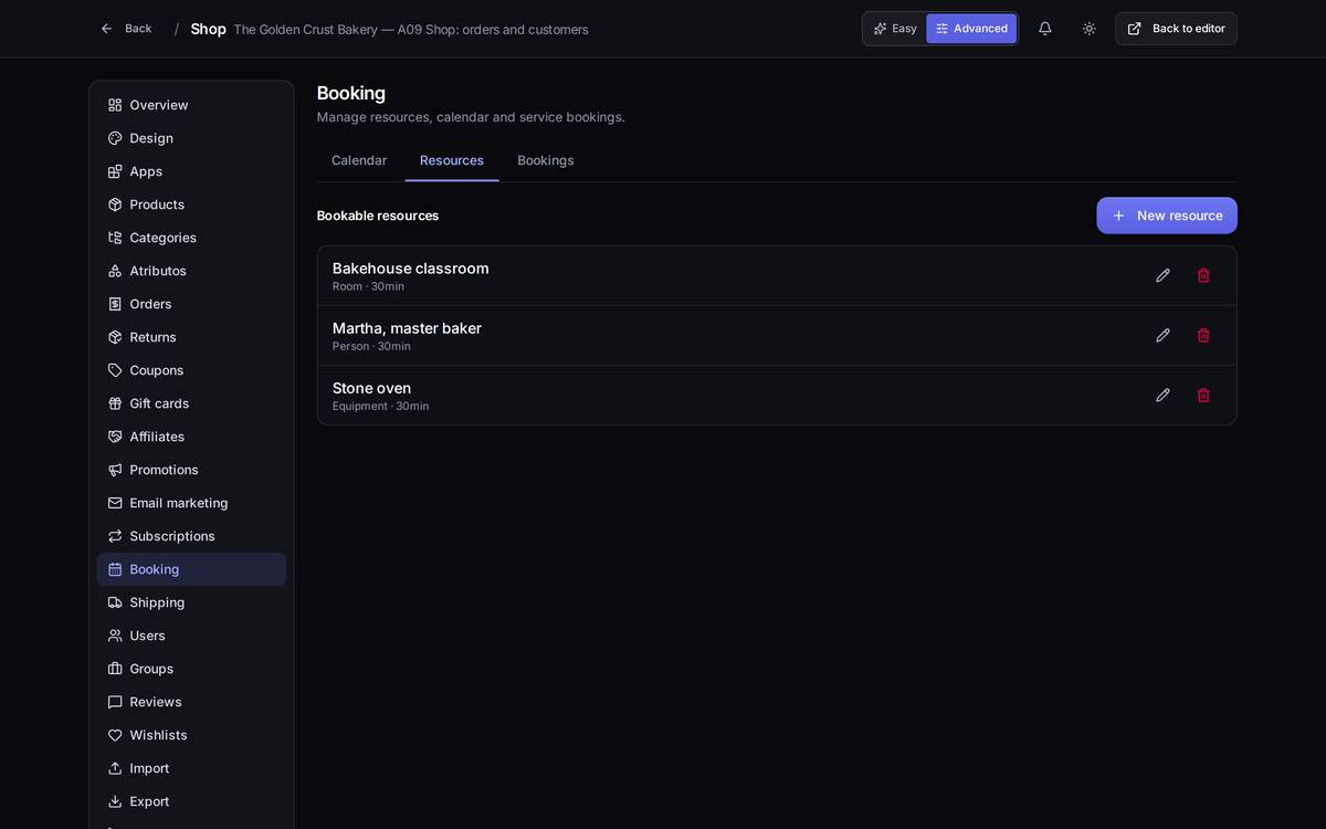 The "Resources" tab: what can be booked (a room, a person, an oven) with its opening hours.