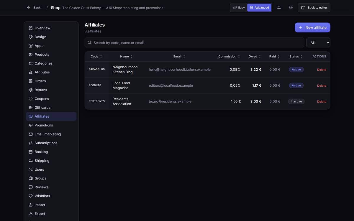 Your affiliates, with their commission, what you owe them (*Owed*) and what you've already paid.