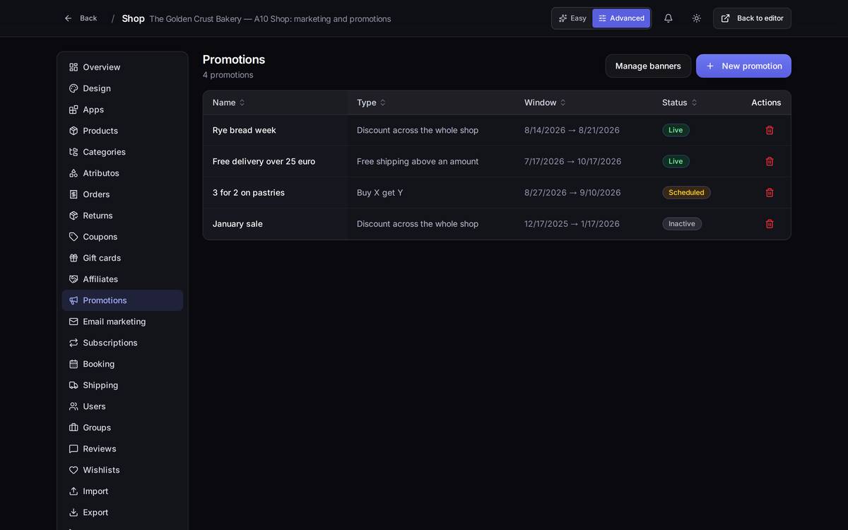 The promotion list with type, dates and status: *Live*, *Scheduled* or *Inactive*.