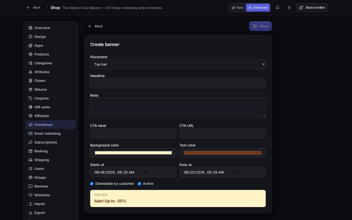 Creating a banner. Right at the bottom there's a **Preview** that updates as you type.