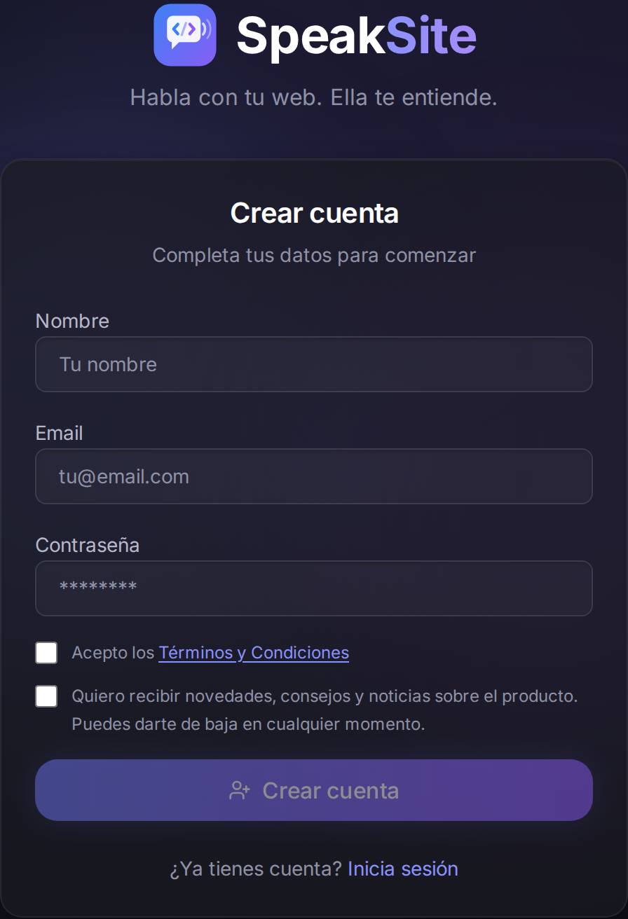 El formulario de alta. Fíjate en que el botón «Crear cuenta» aparece apagado hasta que aceptas los términos.