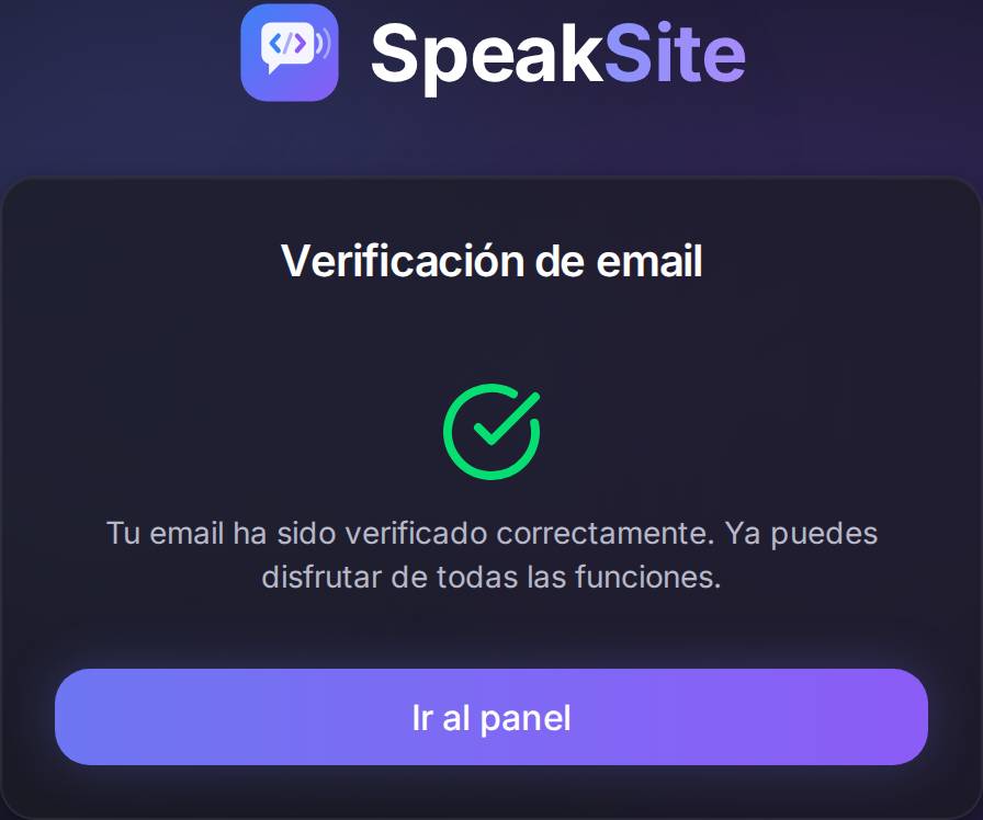 Correo confirmado. Desde aquí, «Ir al panel» te lleva al escritorio, ya sin el aviso.