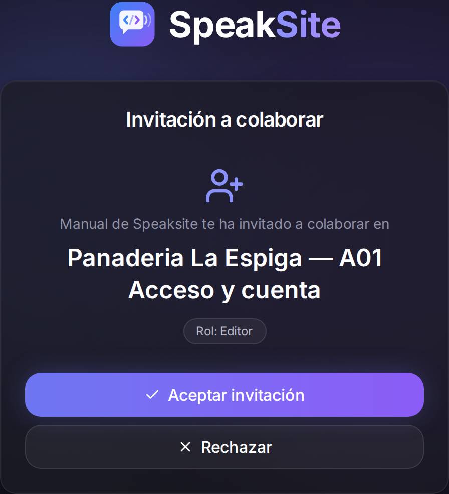 La invitación, ya identificada: quién invita, a qué sitio y con qué permisos. Al aceptar entras directamente al editor de ese sitio.
