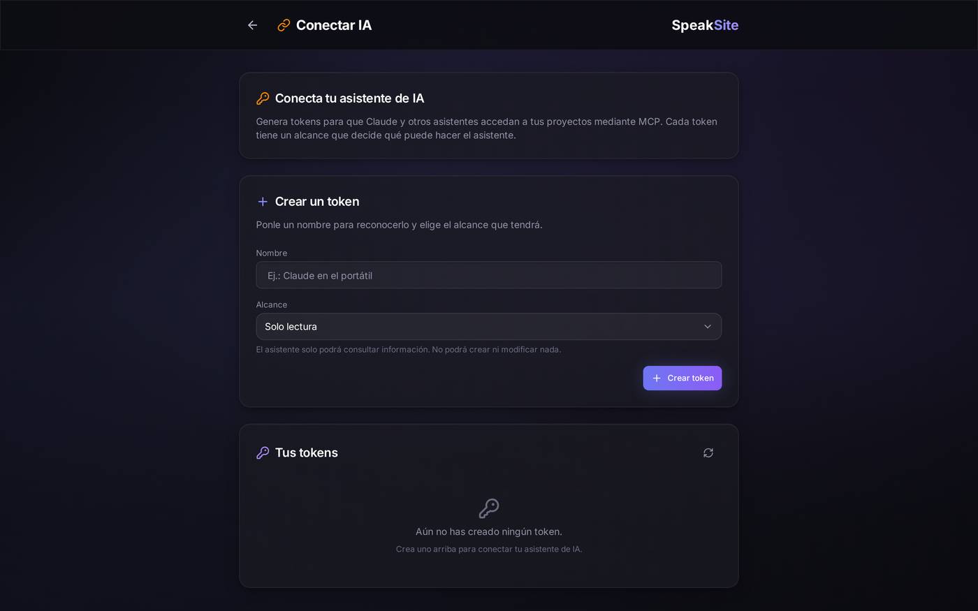 La pantalla de Conectar IA completa: crear una llave arriba y la lista de las que ya tienes debajo.