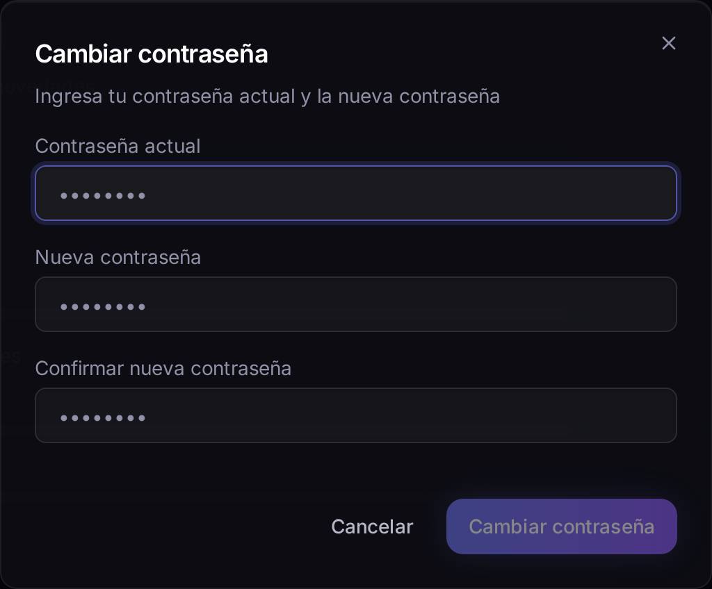 La ventana de cambio de contraseña. La nueva tiene que tener al menos 8 caracteres y coincidir en los dos campos de abajo.