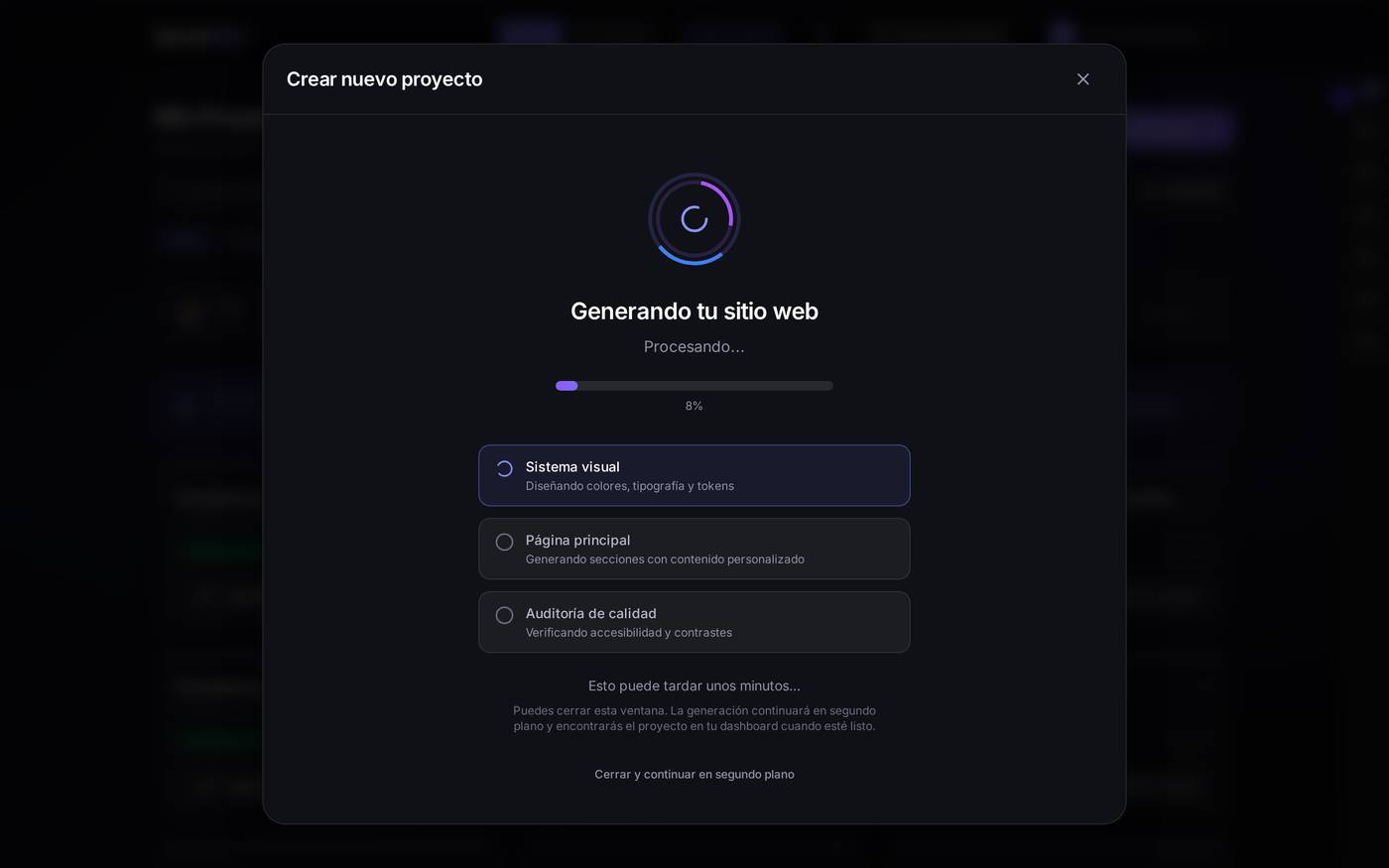 Pulsado *Crear mi sitio web*, el asistente se queda enseñando el progreso por etapas: sistema visual, página principal y auditoría de calidad.