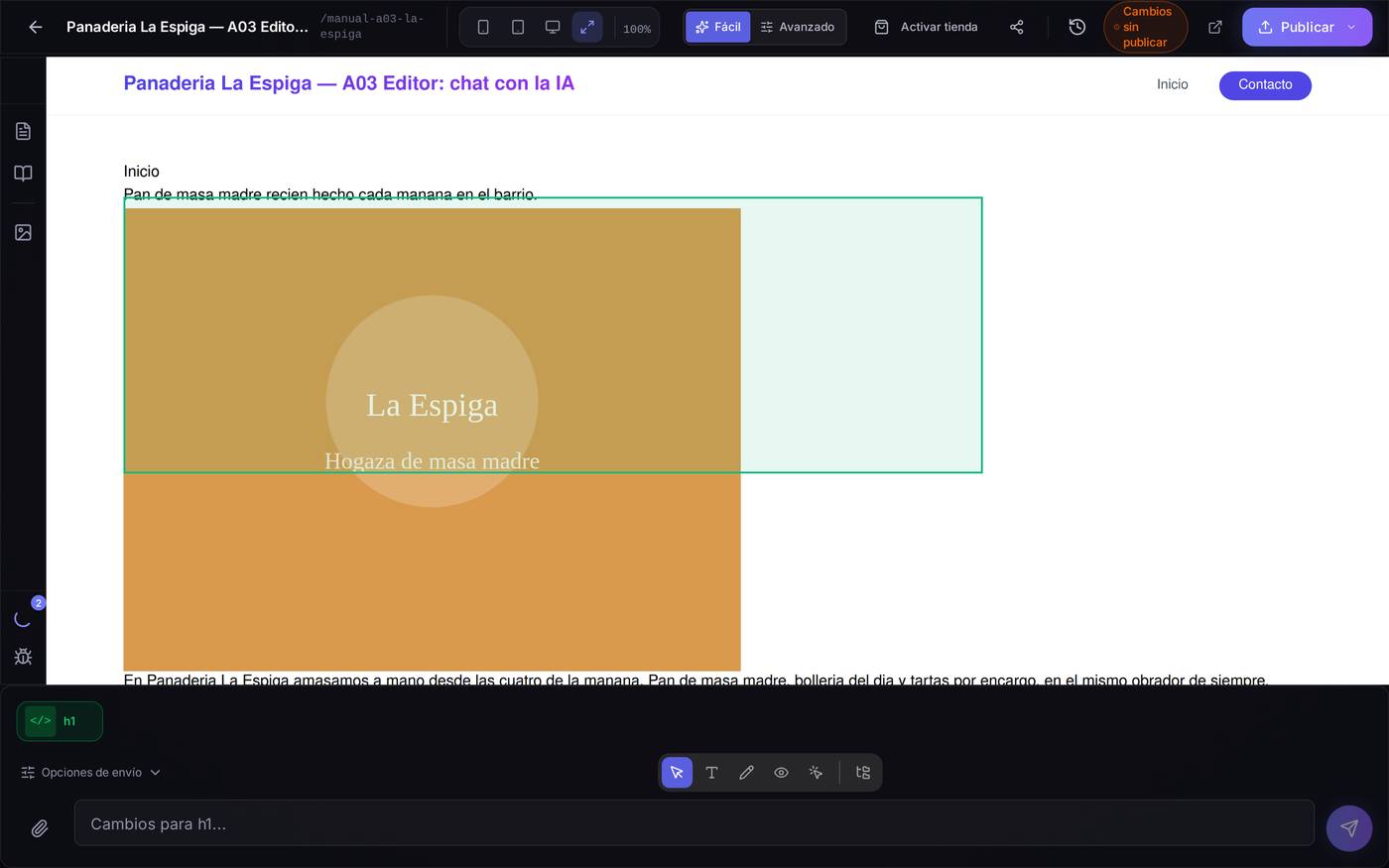 Modo Seleccionar con el titular elegido. Fíjate en la etiqueta «h1» sobre el chat y en que el cuadro pasa a poner «Cambios para h1…».
