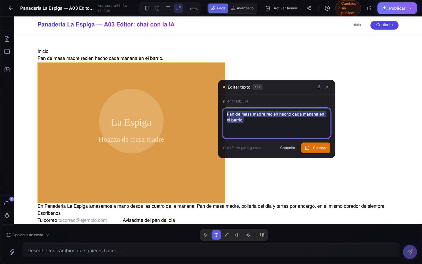 Panel de texto sobre un párrafo de la portada. Se escribe encima y se pulsa Guardar; no pasa por la IA.