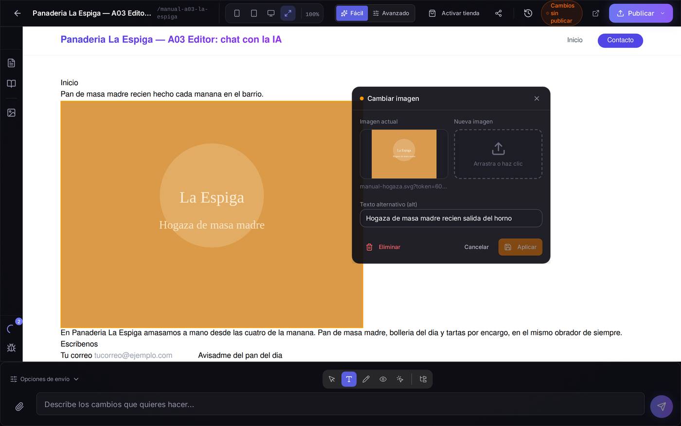 Panel de imagen: a la izquierda la que hay, a la derecha para subir otra, y debajo el texto alternativo.