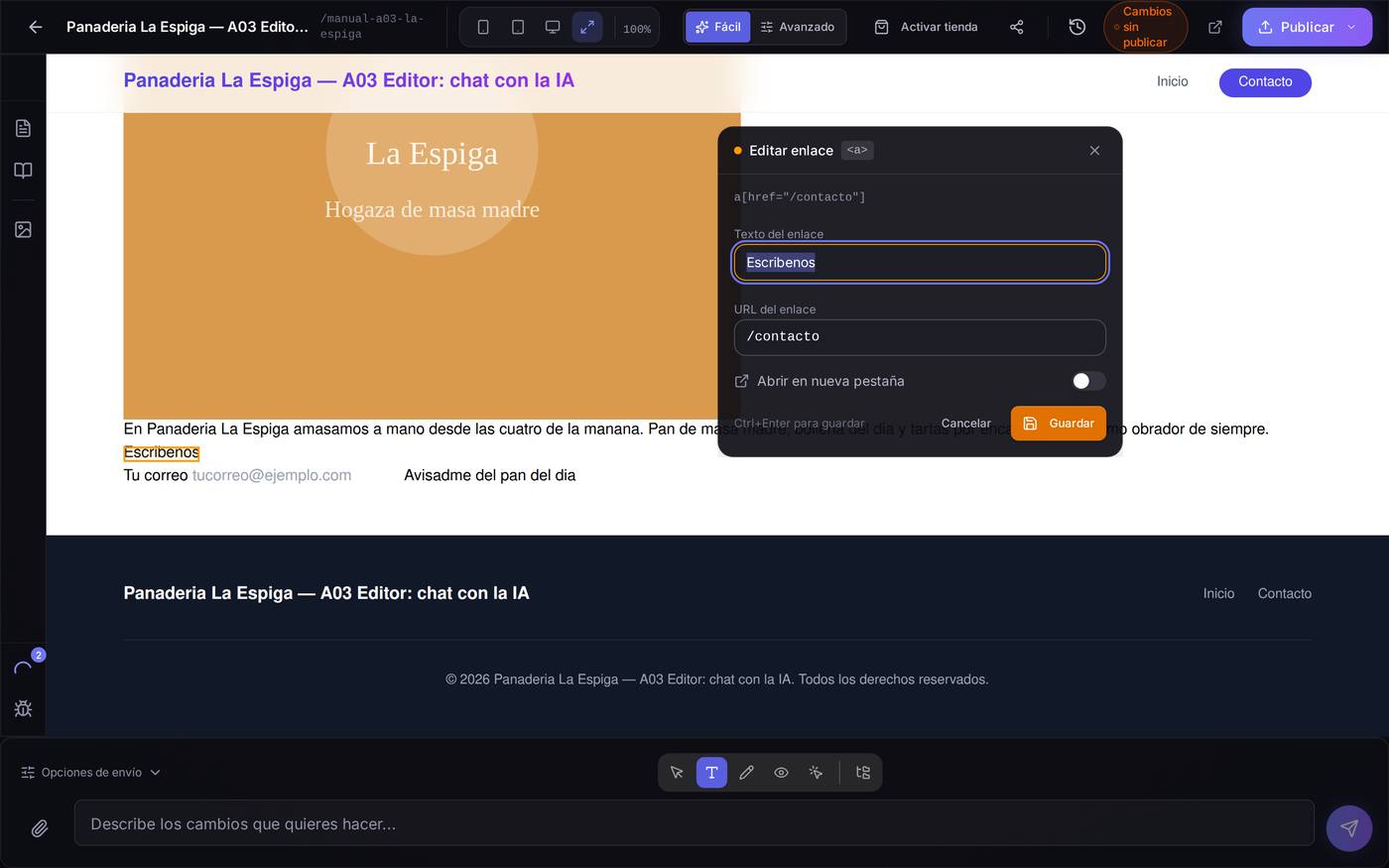 Panel de enlace sobre el botón «Escríbenos»: texto, destino y la casilla de abrir en pestaña nueva.