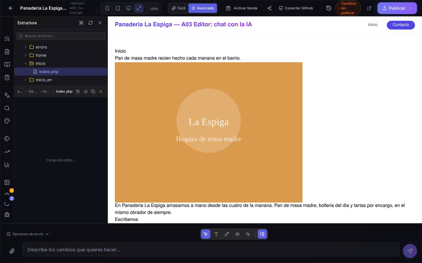 La vista de la portada seleccionada dentro de `app / Views / inicio`, con su ruta arriba.