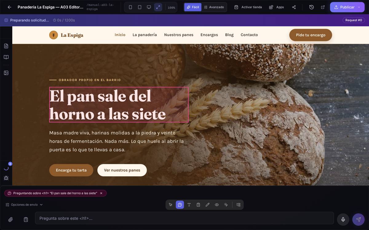 Modo Preguntar con el titular tocado: la ficha «Preguntando sobre h1» sobre el cuadro, listo para la pregunta.