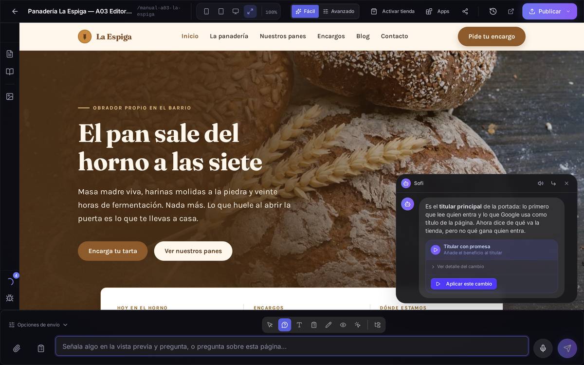 La burbuja de Sofi respondiendo sobre el titular señalado, con el altavoz para repetirla y la tarjeta «Aplicar este cambio».