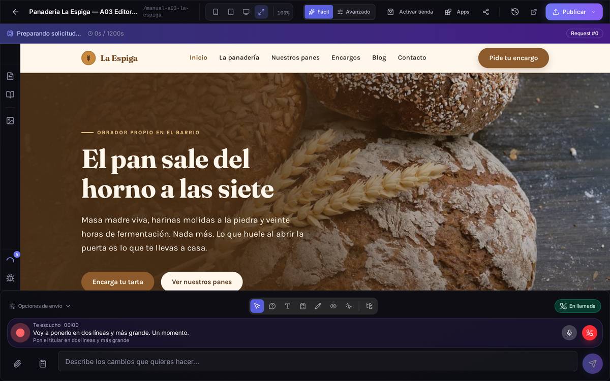 En plena llamada: Sofi habla («Voy a ponerlo en dos líneas…»), debajo lo último que dijiste tú, el cronómetro, lo que aún tiene en marcha, y los botones de silenciar y colgar.