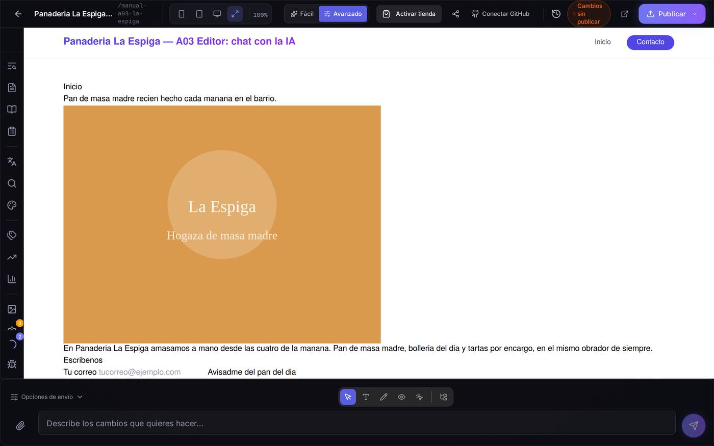 El mismo editor en modo Avanzado. La misma barra pasa a tener catorce herramientas, y arriba aparece «Conectar GitHub».